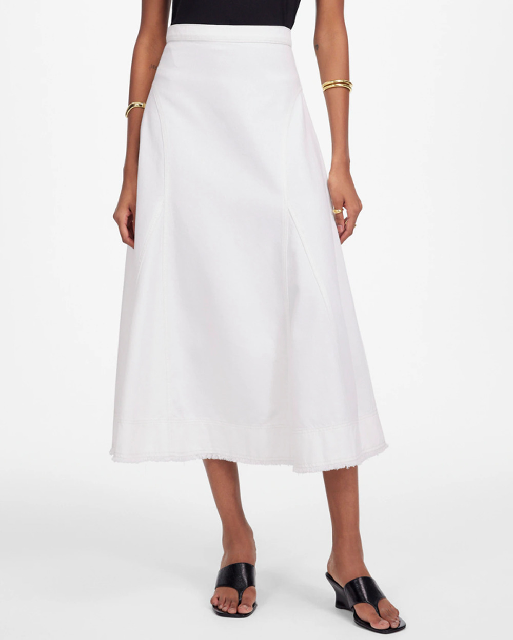 Madewell Fluted Midi Skirt WMNS 28 Tile White Cotton Frayed Hem Zip Back Flared